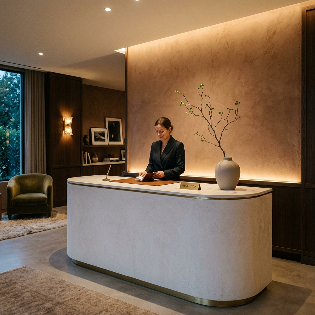 Curved Luxury Plaster Reception Counter and Warm Lights