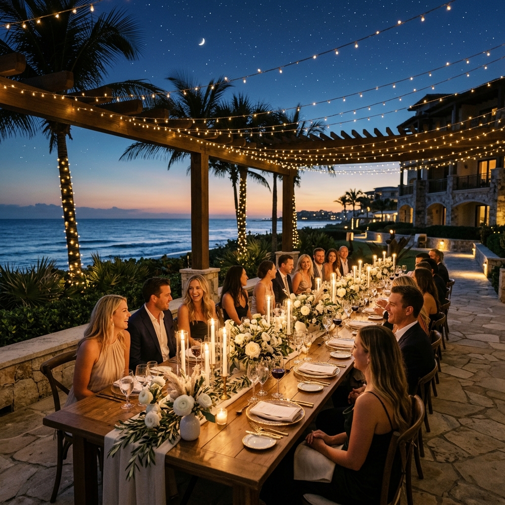 Elegant Outdoor Banquet Diner under String Lights